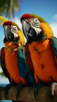 gevederde duo twee opvallend ara papegaaien vind een baars Aan de man's arm verticaal mobiel behang ai gegenereerd foto