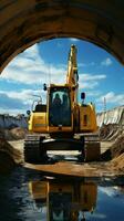 zwaar uitrusting in actie rups- graafmachine graaft, met uitzicht bouw plaats en beton pijp. verticaal mobiel behang ai gegenereerd foto