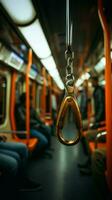 selectief focus Aan grip wazig hand- beveiligt band, zorgen voor veiligheid in metro reizen. verticaal mobiel behang ai gegenereerd foto