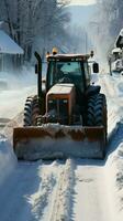 trekker en graafmachine werk in tandem opruimen wegen en schoonmaak straten van sneeuw. verticaal mobiel behang ai gegenereerd foto