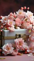 bloesem versierd schat bloemen genade doos tegen een licht achtergrond, uitstralend schoonheid verticaal mobiel behang ai gegenereerd foto