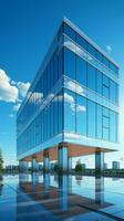 blauwe lucht backdrop complementen een strak modern kantoor gebouw, vertegenwoordigen zakelijke verfijning. verticaal mobiel behang ai gegenereerd foto