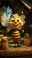tekenfilm bij Aan bijenkorf, golvend naast honing potten, honingbijen in vlucht charmant platteland tafereel verticaal mobiel behang ai gegenereerd foto