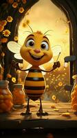 vrolijk bij leunt Aan bijenkorf, golvend temidden van honing potten, honingbijen zweven grillig platteland verticaal mobiel behang ai gegenereerd foto