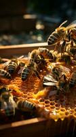 detailopname imker met honingraat kader, bijen bouwen vloeistof goud, een symbiotisch dans verticaal mobiel behang ai gegenereerd foto