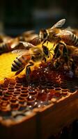 detailopname imker met honingraat kader, bijen bouwen vloeistof goud, een symbiotisch dans verticaal mobiel behang ai gegenereerd foto