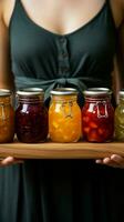 detailopname visie vrouw houdt houten bord, presentatie van verschillend fruit jam in glas potten verticaal mobiel behang ai gegenereerd foto