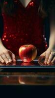 anoniem vrouw maatregelen gewicht, appel in haar grijpen, prioriteiten stellen Gezondheid en geschiktheid verticaal mobiel behang ai gegenereerd foto