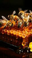 gouden bruin kader overstroomt met bijen zoet, rijk arbeid honing, was, en magie verticaal mobiel behang ai gegenereerd foto