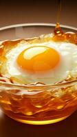 honing geglazuurd gebakken ei in glas schaal, ingelijst door stralend geel backdrop verticaal mobiel behang ai gegenereerd foto