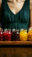 geassorteerd fruit jam, glas potten Aan houten bord, gehouden in detailopname door vrouw verticaal mobiel behang ai gegenereerd foto