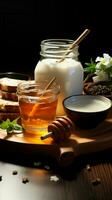 houten dienblad wordt weergegeven melk en honing een rustiek, harmonisch unie van smaken verticaal mobiel behang ai gegenereerd foto