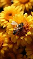 bijen verzamelen zonnebloem nectar, afgestoft in geel stuifmeel, een bestuiving wonder verticaal mobiel behang ai gegenereerd foto