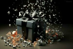 chique zwart geschenk doos geaccentueerd met een met confetti gevuld, feestelijk arrangement ai gegenereerd foto