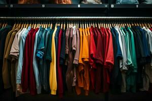 kleding items weergegeven in een georganiseerd mode, hangende in rijen Aan hangers ai gegenereerd foto