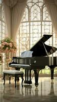 3d weergegeven kamer straalt uit tijdloos charme, compleet met groots piano en kroonluchter. verticaal mobiel behang ai gegenereerd foto