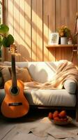 een modern leven kamer, knus en uitnodigend, met een gitaar net zo decor. verticaal mobiel behang ai gegenereerd foto