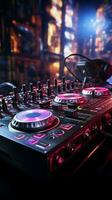 in de nachtclub levendig atmosfeer, roze dj hoofdtelefoons begeleiden de geluid mixer. verticaal mobiel behang ai gegenereerd foto