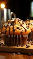 genieten in de goedheid van een warm, vers gebakken chocola spaander muffin verticaal mobiel behang ai gegenereerd foto