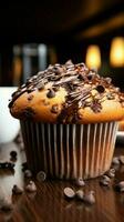 watertanden chocola spaander muffin, een verrukkelijk traktatie voor uw smaak bloemknoppen verticaal mobiel behang ai gegenereerd foto