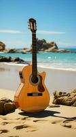 Aan de zanderig kusten, een rechtop akoestisch gitaar wacht een strand prestatie. verticaal mobiel behang ai gegenereerd foto