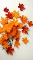 een elegant samenstelling van esdoorn- bladeren vormen een herfst kader Aan wit verticaal mobiel behang ai gegenereerd foto