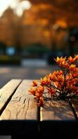 een leeg houten tafel reeks temidden van levendig herfst esdoorn- boom bokeh verticaal mobiel behang ai gegenereerd foto