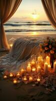 bestemming bruiloft opstelling Aan een strand Bij zonsondergang, symboliseert liefde en saamhorigheid verticaal mobiel behang ai gegenereerd foto