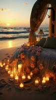bestemming bruiloft opstelling Aan een strand Bij zonsondergang, symboliseert liefde en saamhorigheid verticaal mobiel behang ai gegenereerd foto
