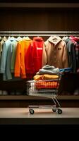 online klant selecteert kleding artikelen, toevoegen hen naar hun boodschappen doen kar verticaal mobiel behang ai gegenereerd foto