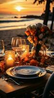 romantisch strand dining bruiloft opstelling zonsondergang verticaal mobiel behang ai gegenereerd foto