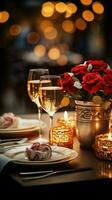 selectief focus Aan een wijnoogst romantisch avondeten opstelling met rood decor en kaarslicht verticaal mobiel behang ai gegenereerd foto