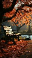 een park bank omringd door de boeiend pracht van een herfst tafereel verticaal mobiel behang ai gegenereerd foto
