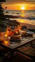 zonsondergang strand avondeten een romantisch opstelling verticaal mobiel behang ai gegenereerd foto