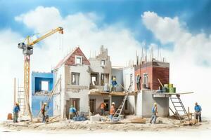 bouw van een nieuw huis. bouw arbeiders Aan de achtergrond van de lucht. ai gegenereerd. foto