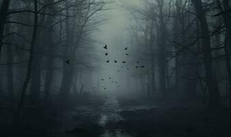 mysterieus donker Woud met mist en vliegend vogels. halloween achtergrond. ai gegenereerd. foto