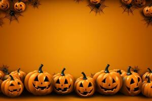 halloween pompoenen Aan oranje achtergrond met kopiëren ruimte 3d weergave. ai gegenereerd. foto