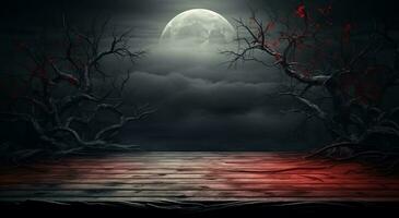 halloween achtergrond met leeg houten tafel en vol maan. 3d weergave. ai gegenereerd. foto