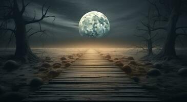 halloween landschap met pad naar de vol maan. 3d veroorzaken. ai gegenereerd. foto