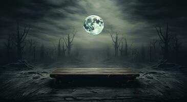 leeg houten tafel in de Woud met vol maan. halloween concept. ai gegenereerd. foto