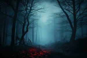 mysterieus donker Woud met mist en rood licht. halloween concept. ai gegenereerd. foto