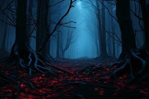 mysterieus donker Woud met mist en rood bladeren. halloween achtergrond. ai gegenereerd. foto