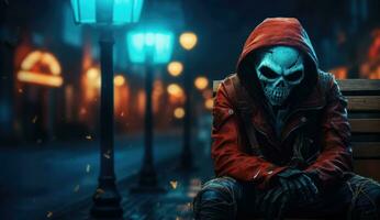 eng Mens met schedel masker zittend Aan een bank in de stad Bij nacht. ai gegenereerd. foto
