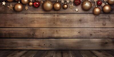 Kerstmis achtergrond met houten planken en Kerstmis ornamenten. ai gegenereerd. foto