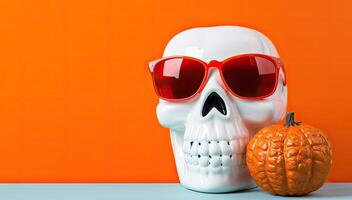 halloween schedel met zonnebril Aan oranje achtergrond. 3d illustratie. ai gegenereerd. foto