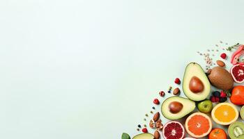 fruit en groenten Aan een licht groen achtergrond. gezond voedsel concept. ai gegenereerd. foto