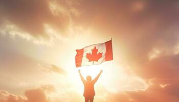 gelukkig vrouw golvend Canada vlag tegen oranje en blauw lucht met wolken. ai gegenereerd. foto