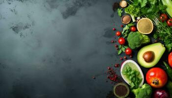gezond voedsel achtergrond. groenten, kruiden en specerijen Aan donker achtergrond. top visie met kopiëren ruimte. ai gegenereerd. foto
