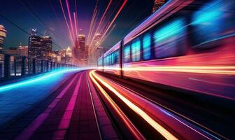 trein in beweging in de stad Bij nacht. concept van snelheid en beweging. ai gegenereerd. foto