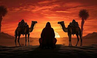 Arabisch Mens met kamelen in de woestijn Bij zonsondergang. ai gegenereerd. foto